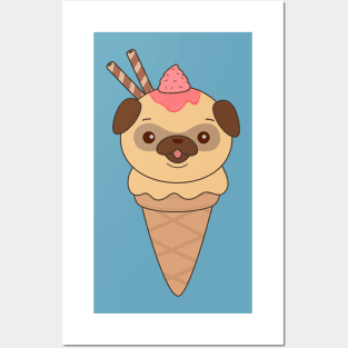 Kawaii Cute Pug Ice Cream Cone T-Shirt Posters and Art